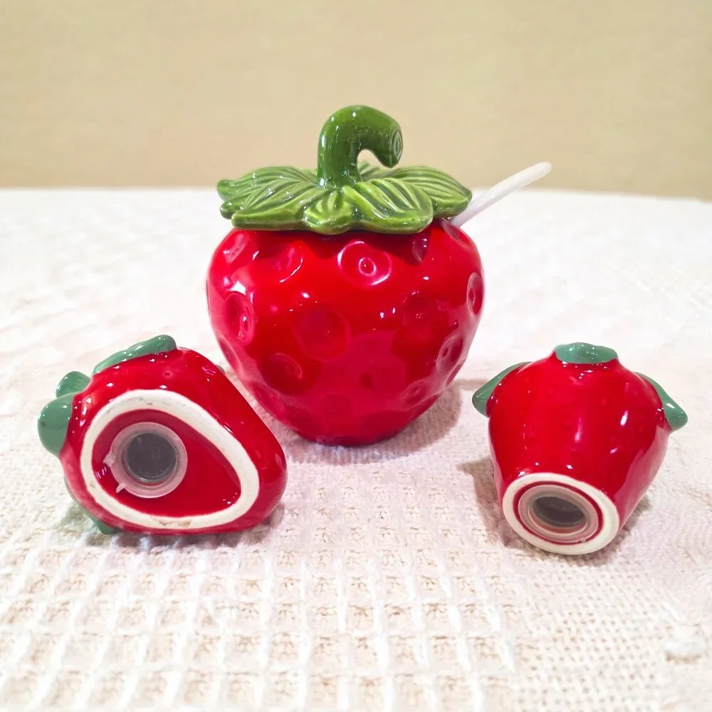 Vintage Brinn's Ceramic Strawberry Jam Jar and Salt & Pepper Shakers PA